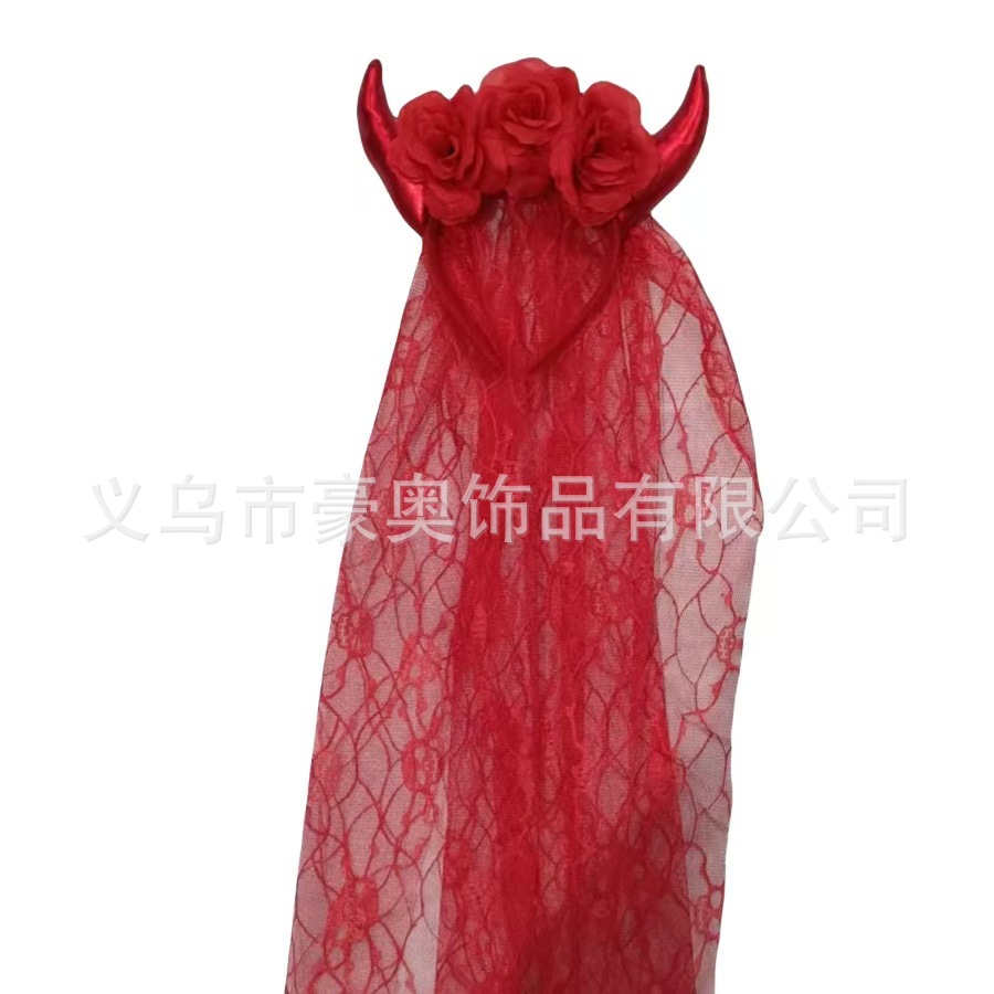 2025新款万圣节网纱恶魔发箍黑色牛角头箍网纱头箍鬼节派对装扮头详情1