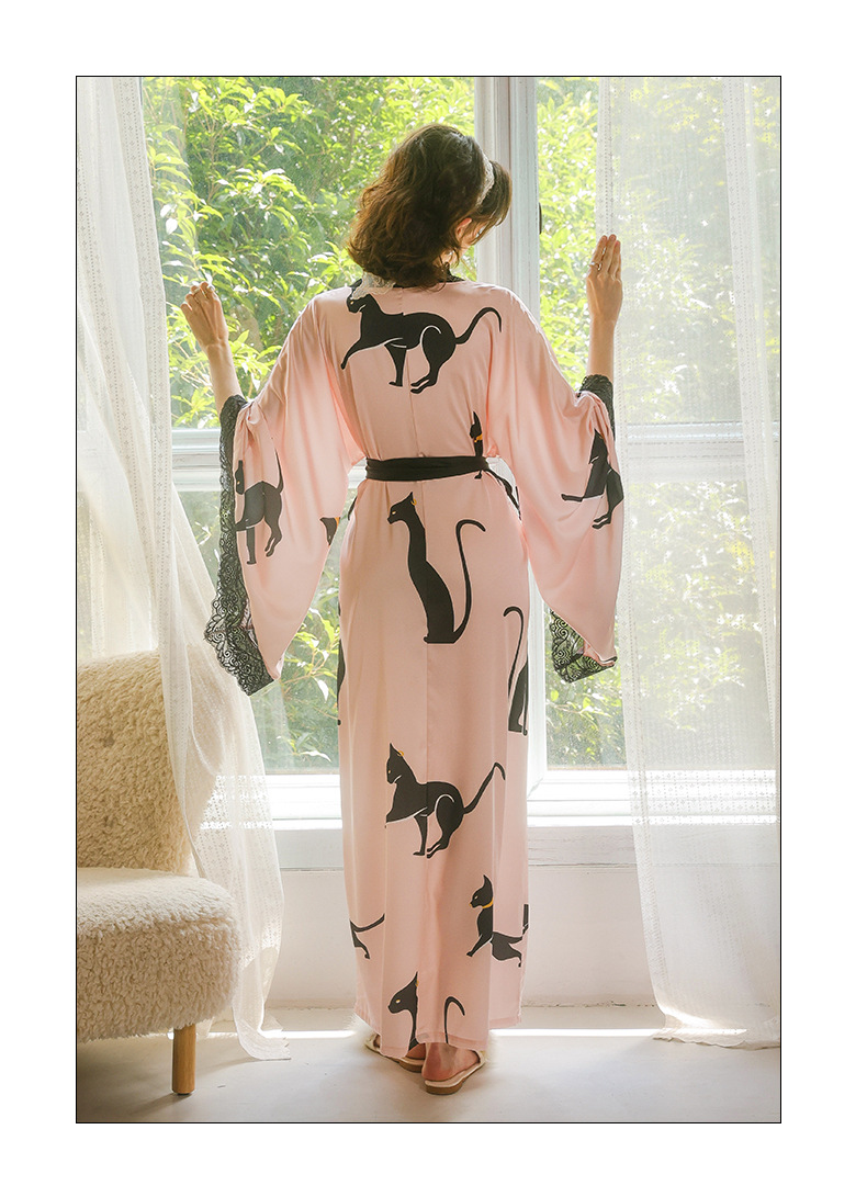 Feiyun retro leopard print lace patchwork sexy long bathrobe Pink silk lace-up Home gown 943 pic 8