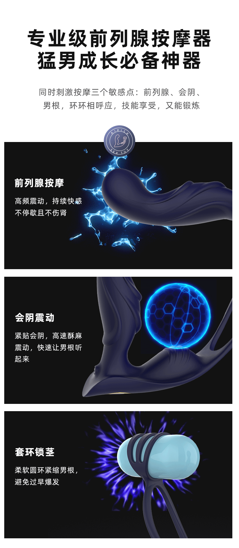 男用自慰后肛塞锁精环无线遥控蓝武士前列腺按摩震动情趣用品详情6