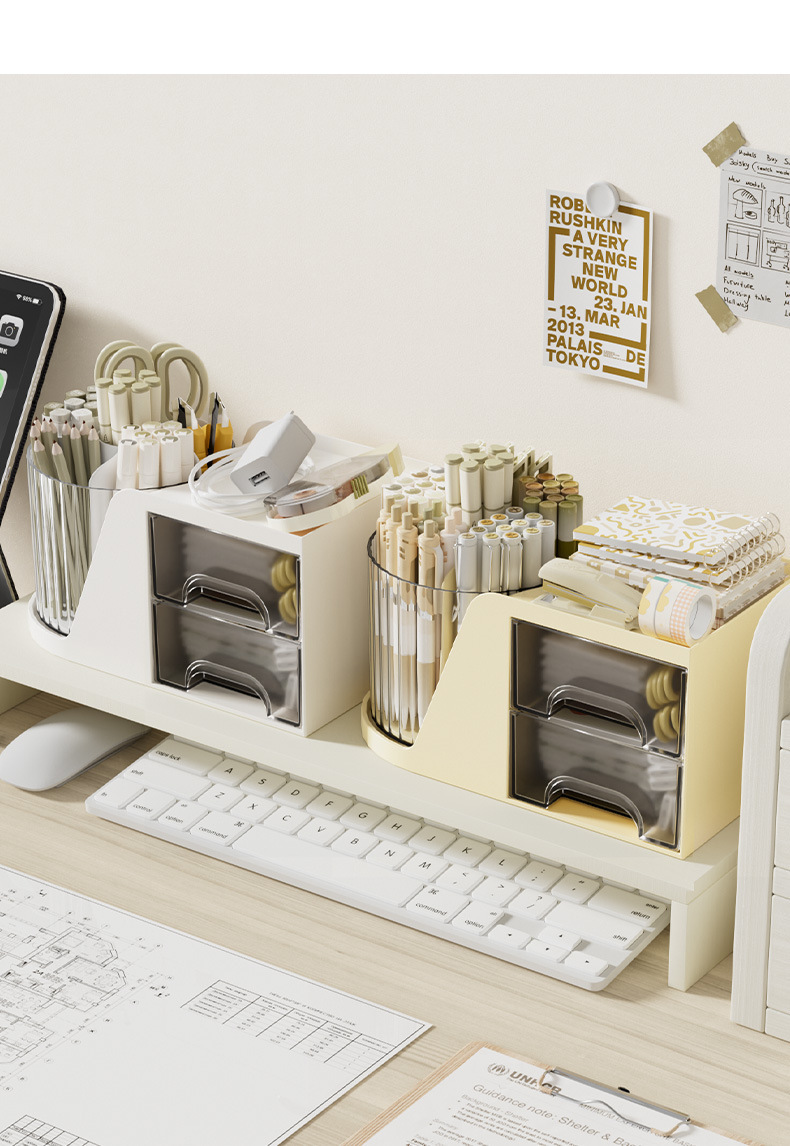 二合一多功能桌面旋转文具笔收纳筒抽屉式杂物收纳盒置物架书桌笔筒收纳架详情9