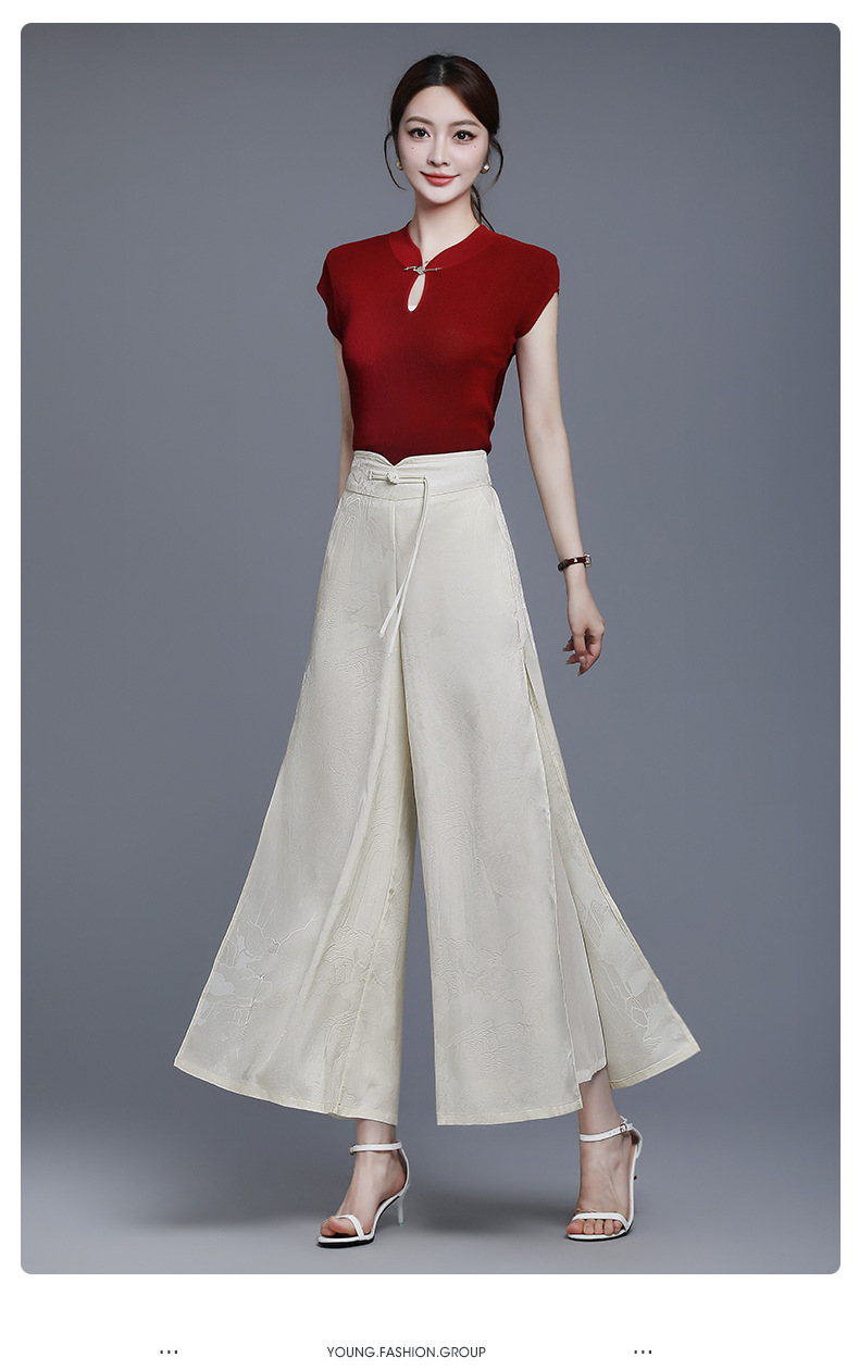 国潮新中式开叉提花冰丝阔腿裤女夏季薄款高腰垂感宽松妈妈休闲裤裙裤国潮详情10