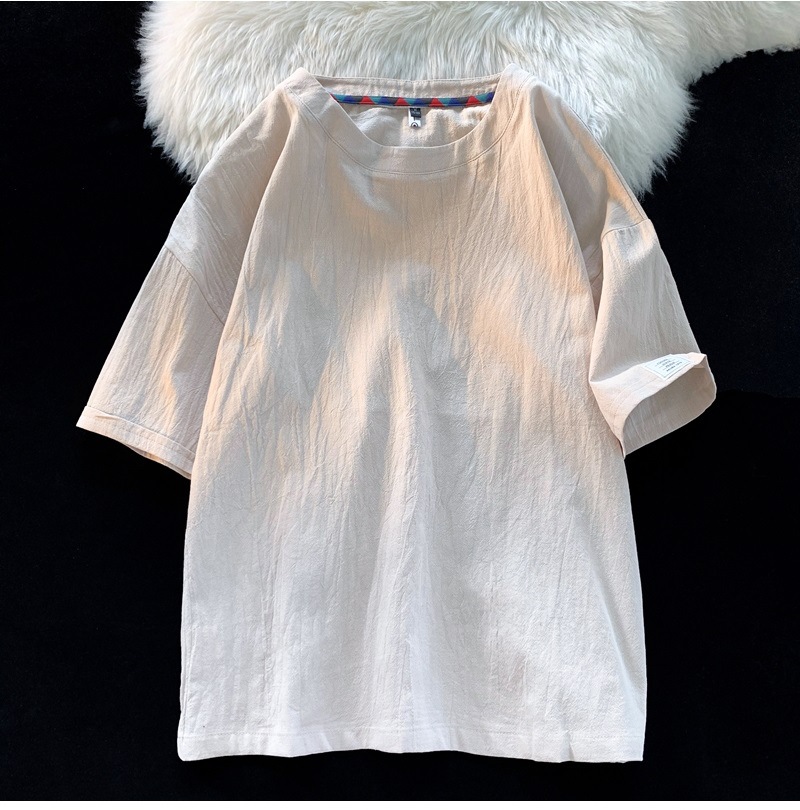 Linen short-sleeved T-shirt for men, a new summer trend. Cotton and linen half-sleeved loose solid color base layer, a trendy T-shirt top pic 30