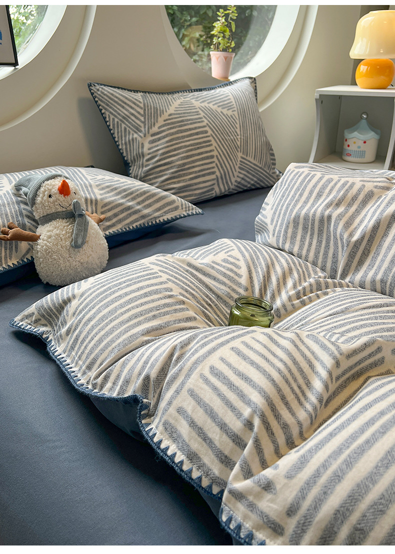 Simple autumn and winter pure cotton brushed bed four-piece set, thickened all-cotton quilt cover, light luxury and high-end bed sheet three-piece set pic 9