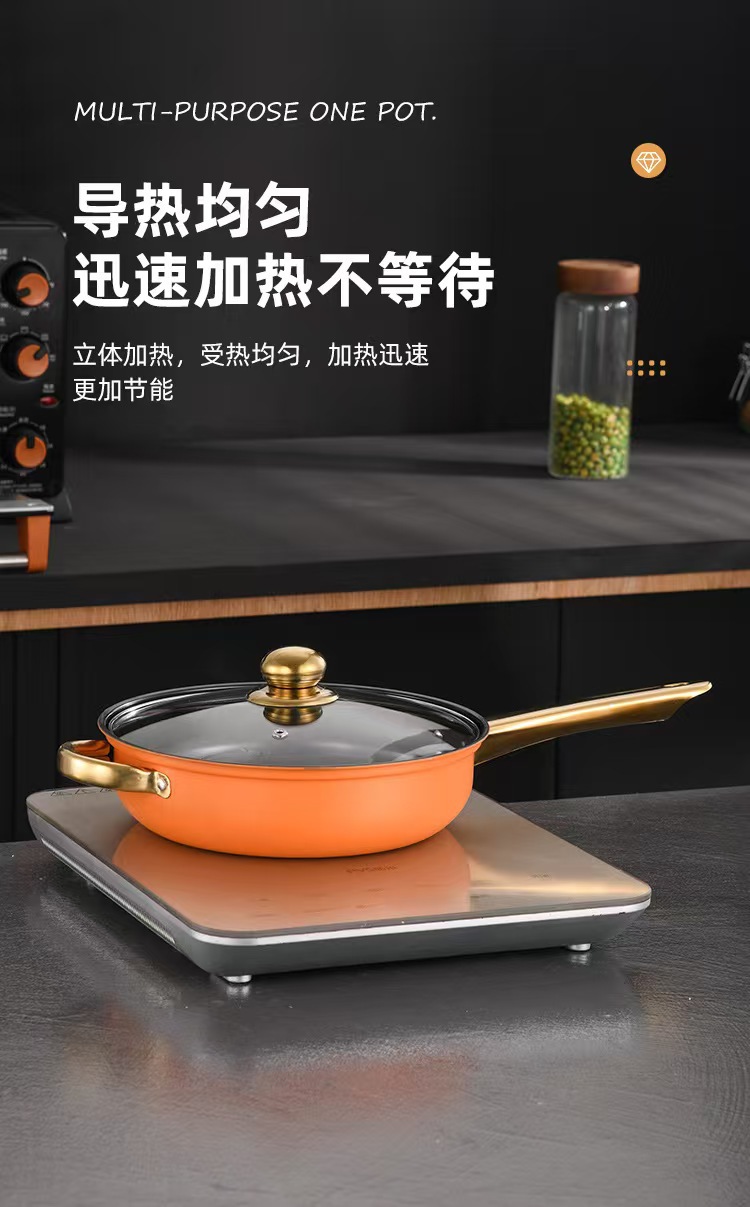 Cross-border 12-piece cookware set: Stainless steel milk pot, soup pot, frying pot combination, Gold-plated handle pot Cookware set pic 4