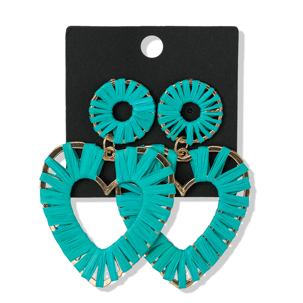 厂家直供欧美潮流气质拉菲草手工编织夸张爱心长款度假风耳环女饰品耳饰详情9