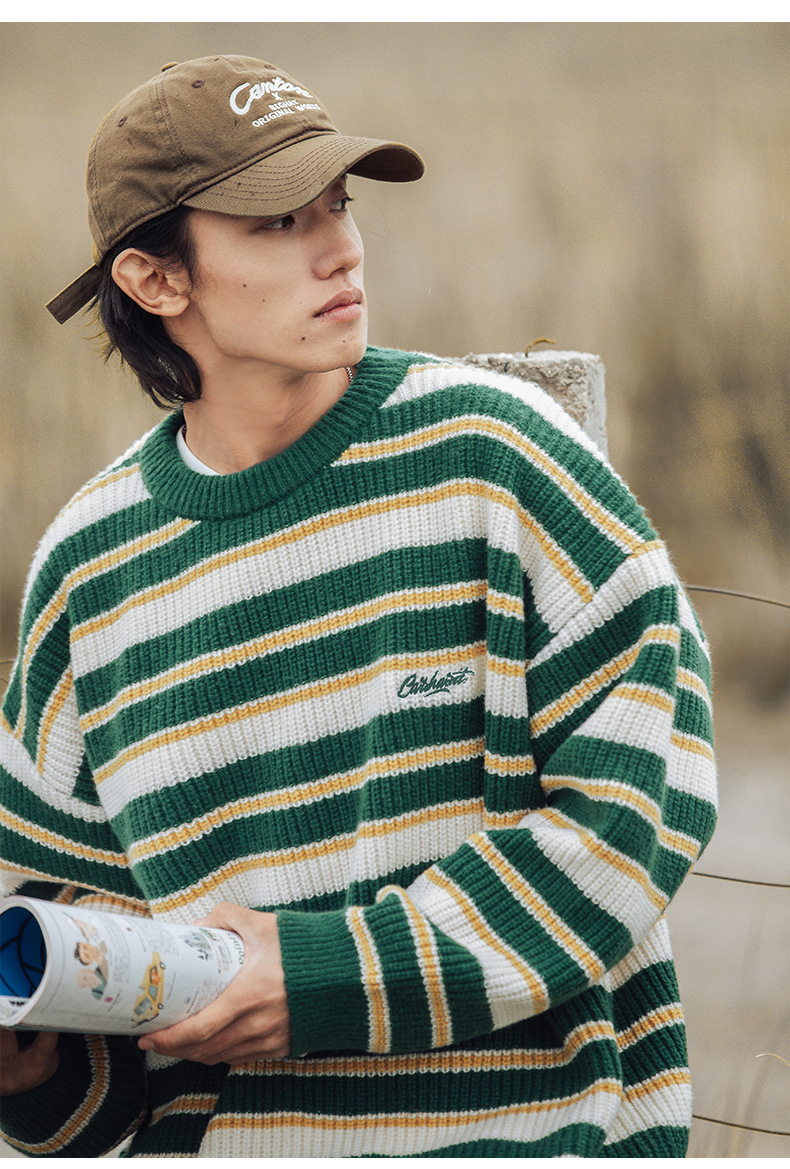Retro color-blocking striped chunky knit sweater for both men and women, Japanese loose trendy round-neck knitted sweater jacket for autumn and winter pic 12