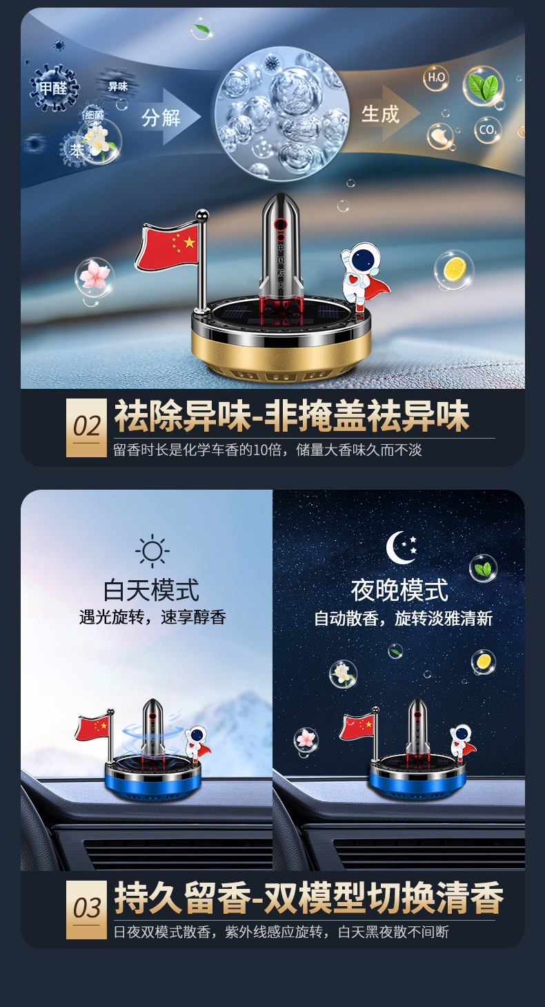 Solar-powered car perfume, car interior accessories, aerospace rocket aromatherapy, long-lasting light fragrance, decorative car interior ornaments pic 10