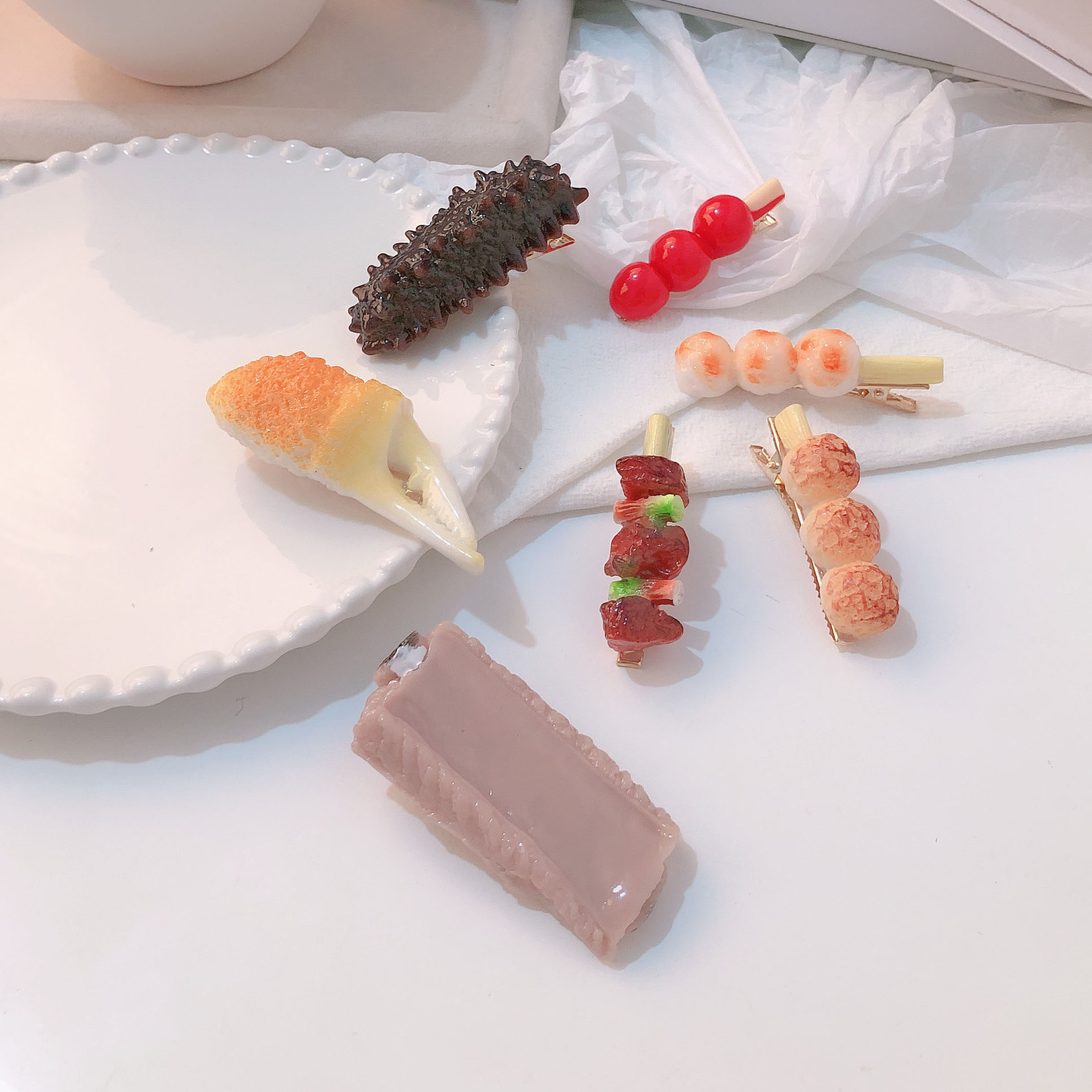 Fun ribs, simulated food, crab claws, funny grilled meat, hair clips, sea cucumber, creative side clips, sugar-coated haws, hair accessories pic 3