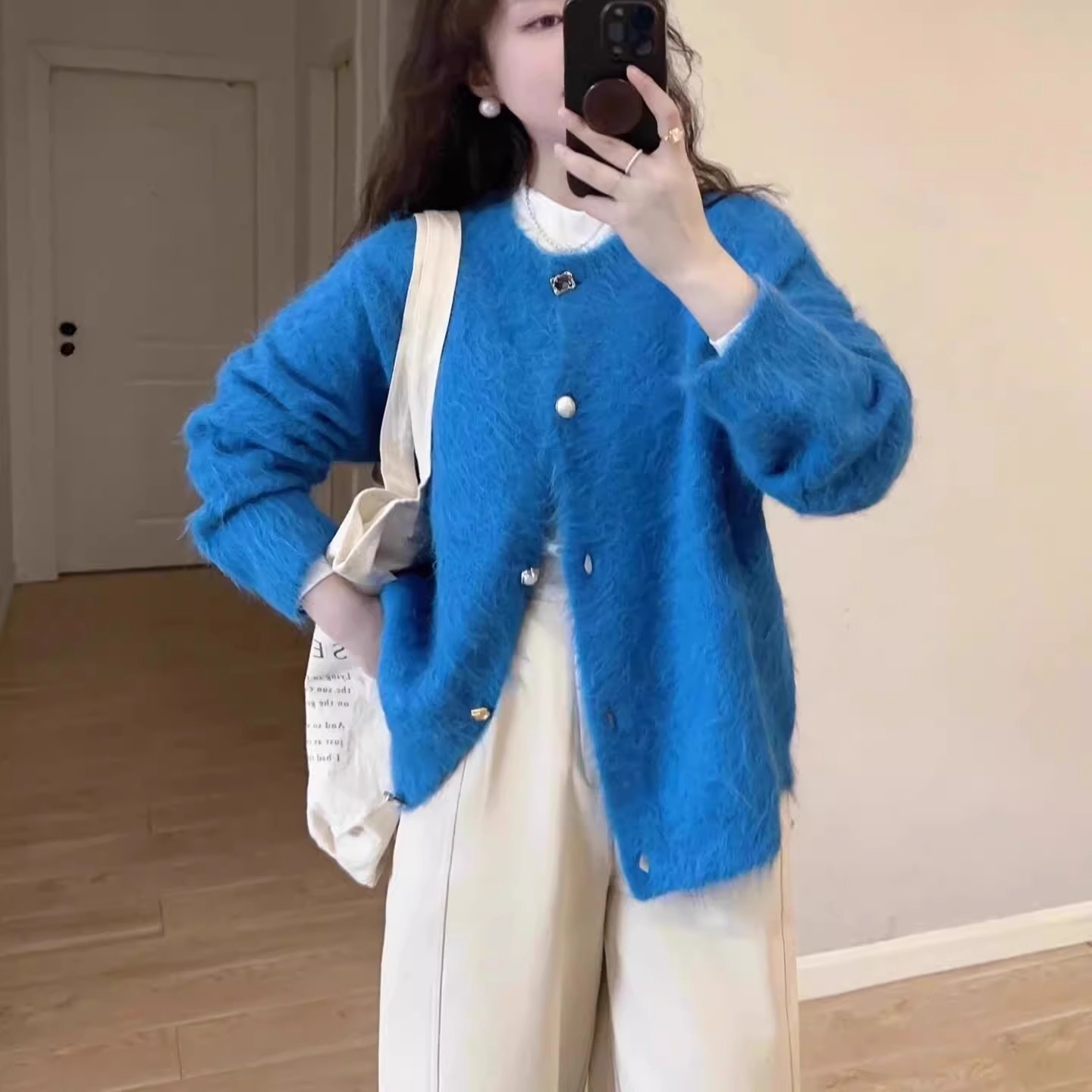 韩版高级感软糯克莱因蓝色针织开衫机能风辣妹长袖时尚毛衣外套女详情2