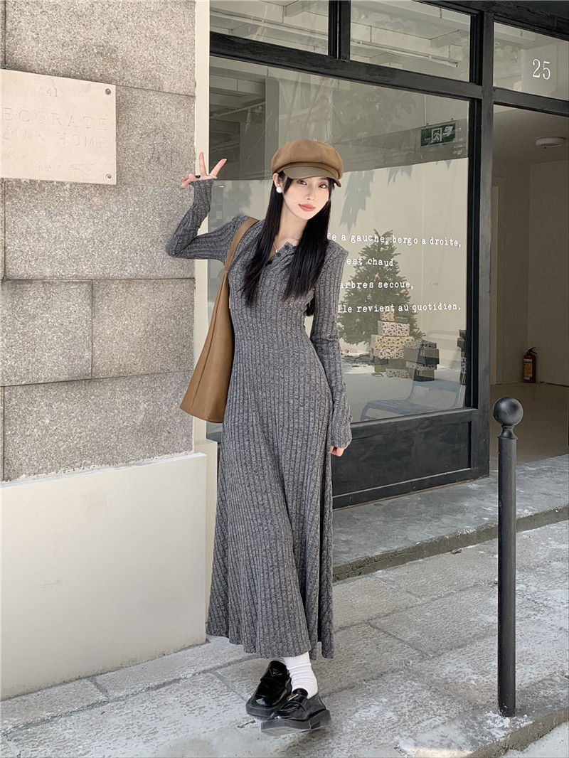 Retro, simple and versatile knitted long-sleeved dress for women, spring waist-cinching and slimming A-line dress, new autumn and winter base long dress pic 34