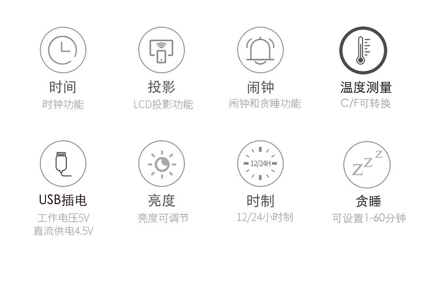 跨境推荐LED投影闹钟镜面数字时钟温度时间投影钟表客厅高级感详情3