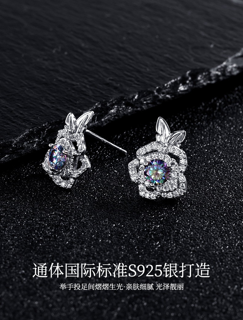 Zhuoheng Select S925 pure silver original Design Rose Double Leaf Full Diamond Mosang earrings with a light luxury and high-end feel pic 23