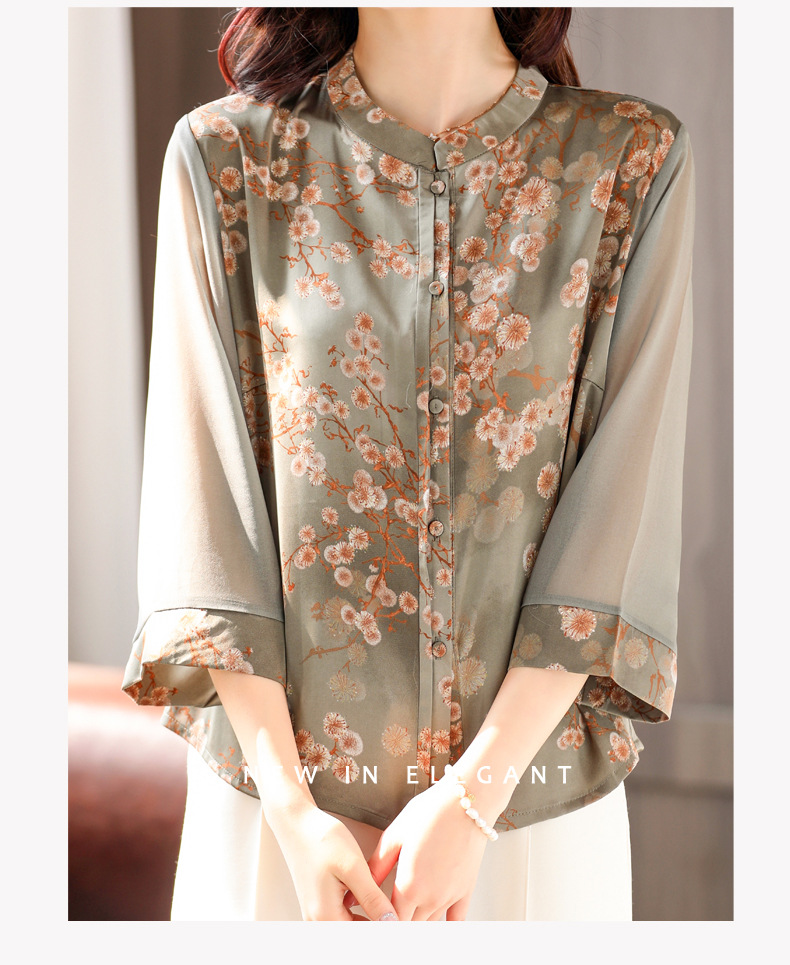 50岁妈妈夏装长袖真丝衬衫老人洋气上衣服中老年女春装桑蚕丝衬衣详情14