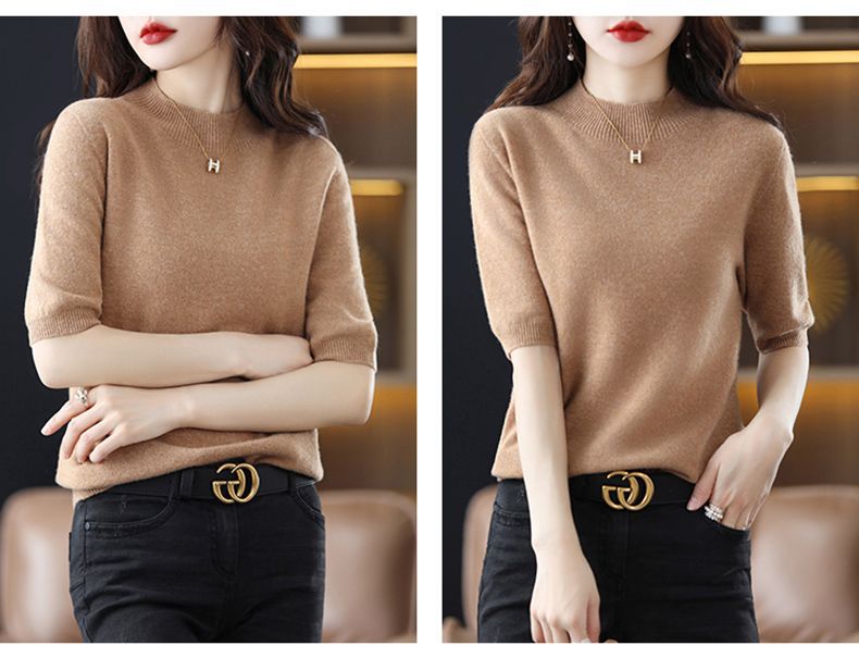 A semi-high-neck casual knitted sweater for women in spring 2023, in a solid color, paired with a half-sleeved base layer sweater T-shirt pic 17