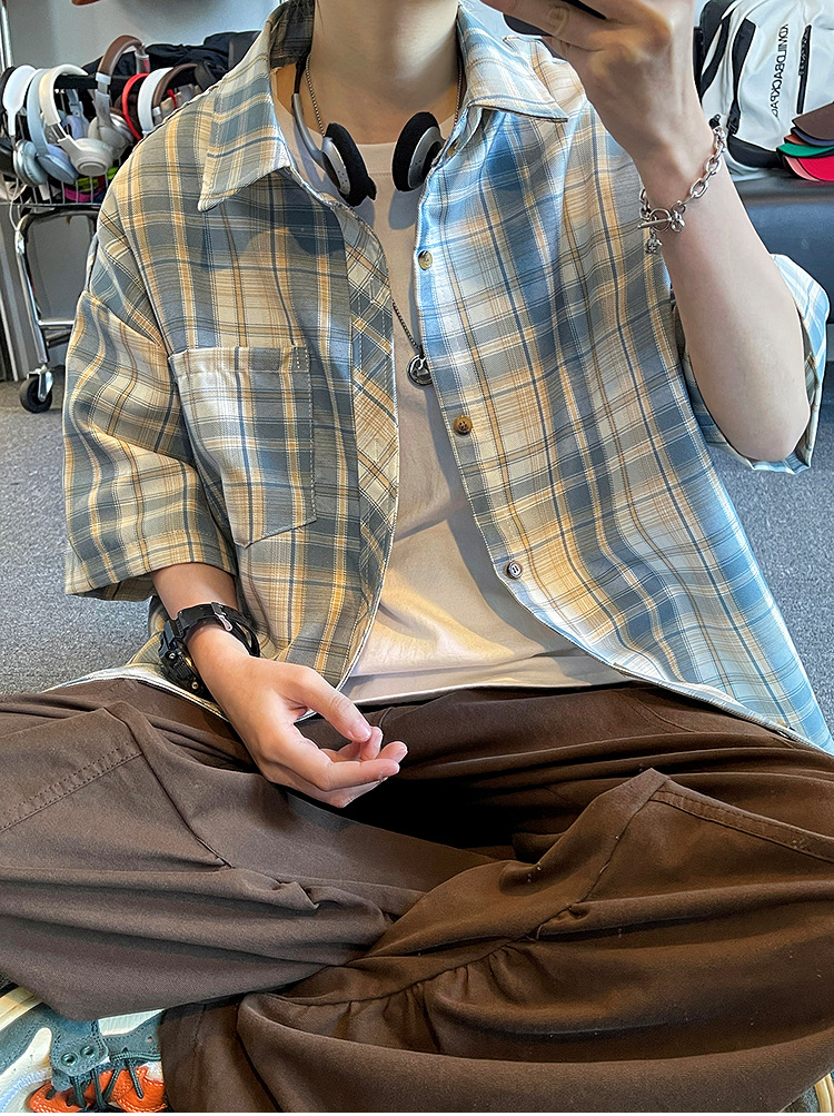 简恒日系复古印花短袖格子衬衫男女休闲夏季宽松BF风撞色情侣衬衣详情5