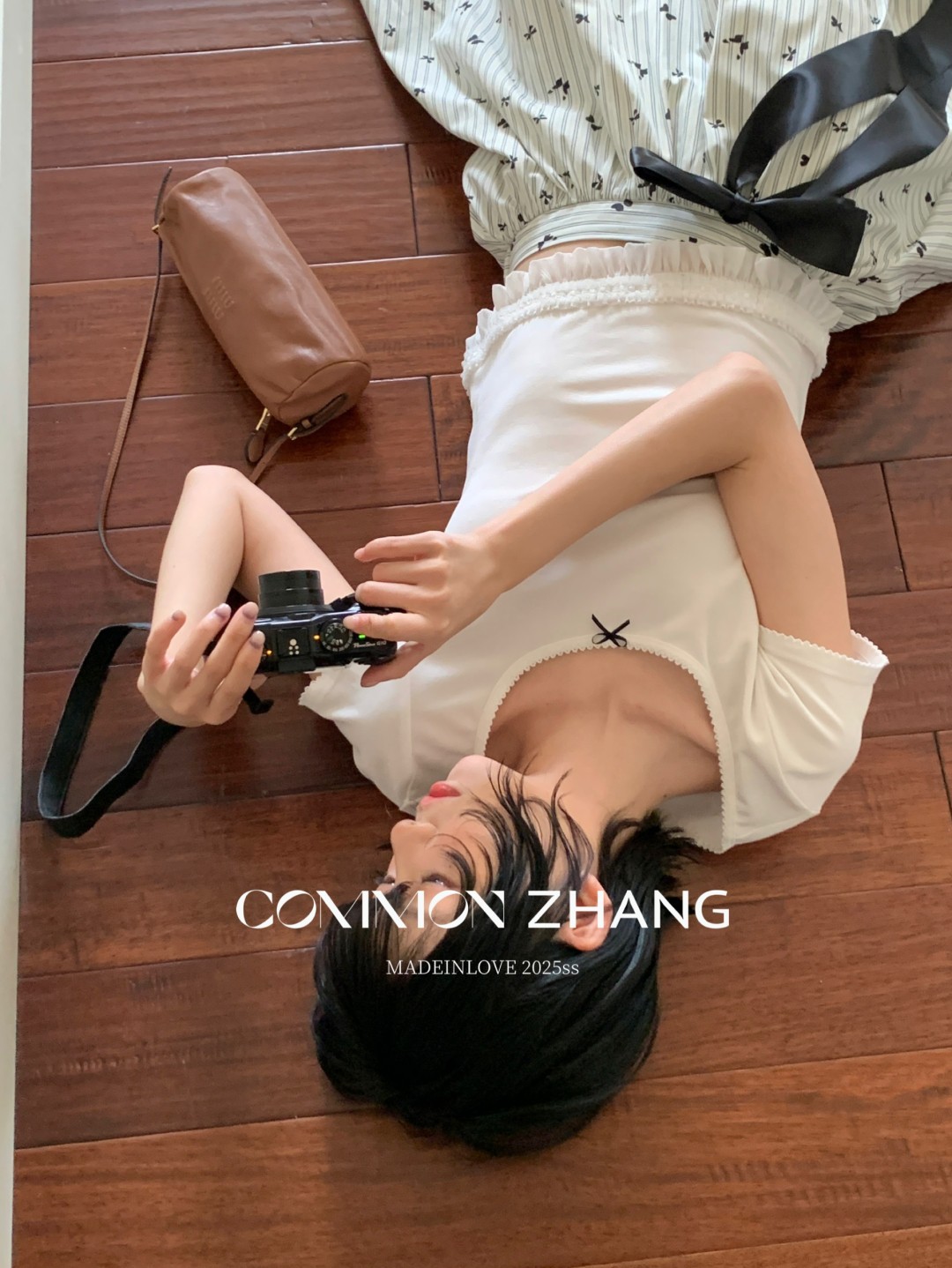 CZ ZHANG夏季韩版少女感减龄蝴蝶结拼接U领纯色天丝短袖T恤B20757详情25