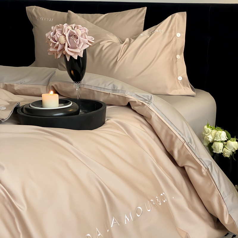 Simple, light luxury and fashionable solid-color long-staple cotton four-piece set, pure cotton letter-embroidered duvet cover, double bedding pic 58