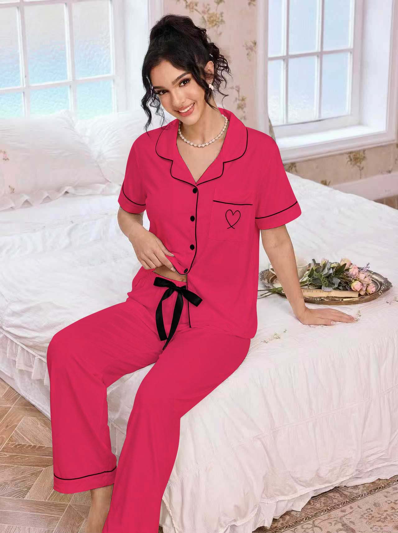 亚马逊欧美家居服套装翻领开衫短袖长裤爱心绣花睡衣女外贸独立站详情33