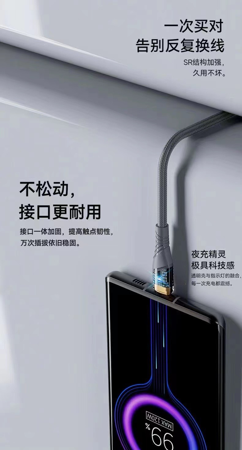 type-ctoc发光透明镀金USB快充线PD60W快充金箔编织机甲线详情9