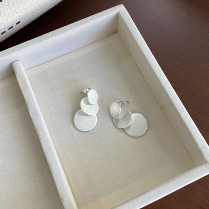 泰国小众文艺复古三层圆片拉丝耳环S925银针几何圆形叠片简约耳钉详情8