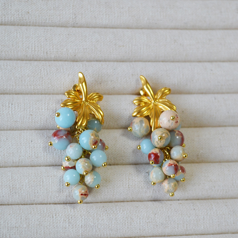 欧美复古文艺石头串珠树叶葡萄珍珠法式小众气质925银针耳环耳饰详情8