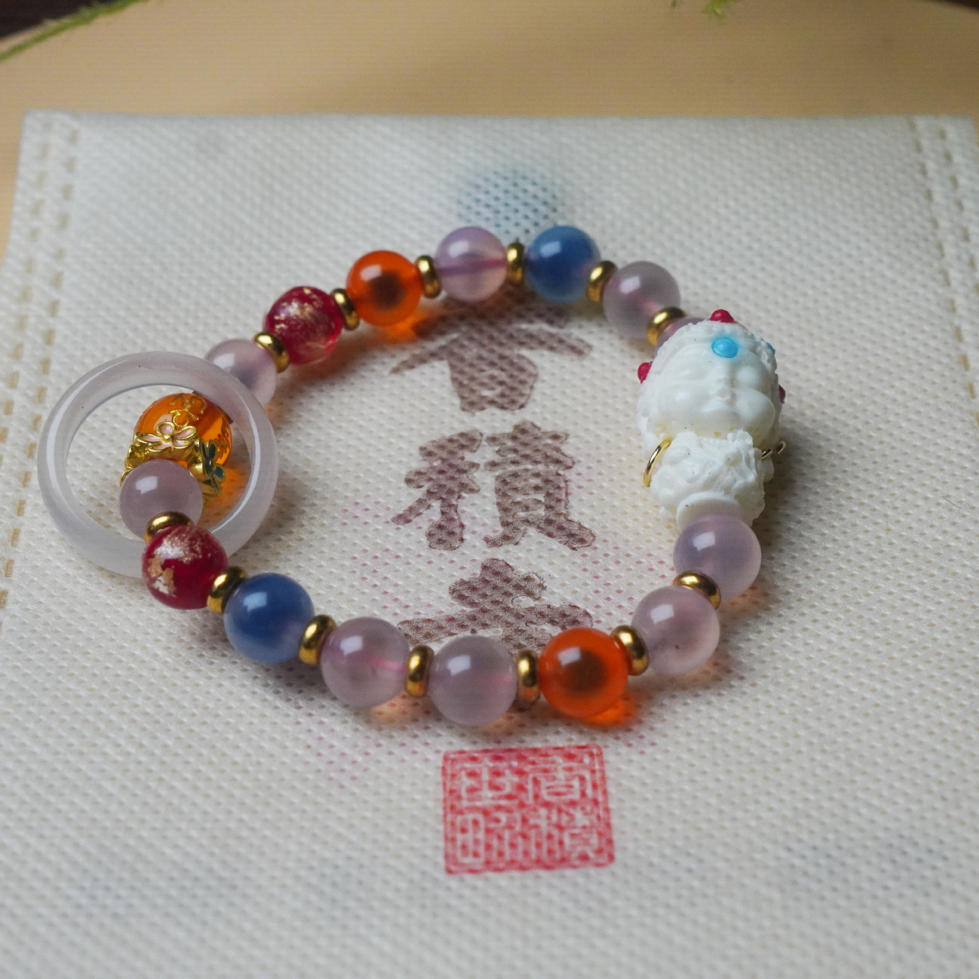 寺庙同款半糖玛瑙白度母手链串珠女金箔古法琉璃手串文玩饰品配饰详情11