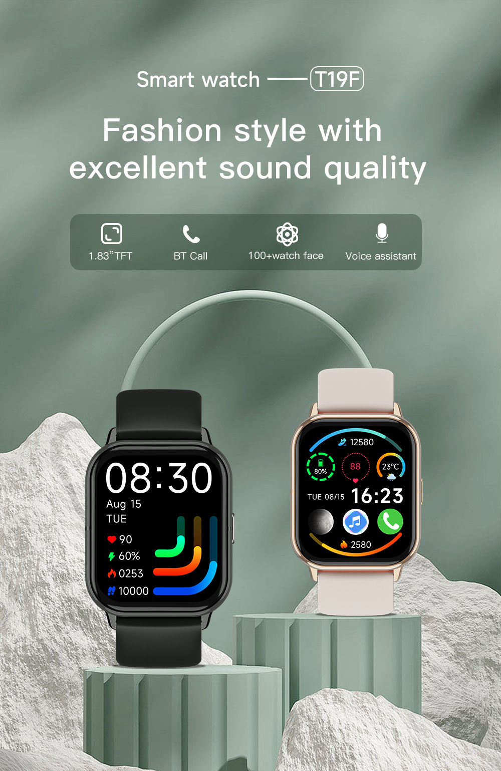 亚马逊爆款T19F蓝牙通话手表心率睡眠多运动音乐IP68防水智能手表详情2