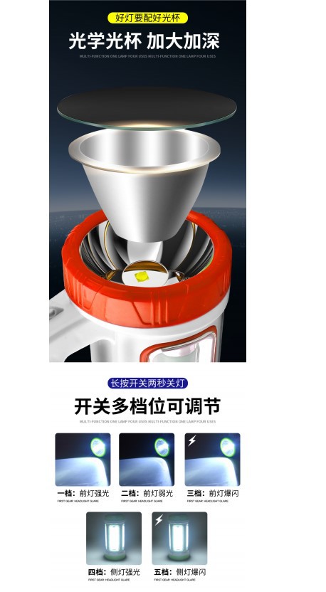 强光手电筒LED多功能户外应急手提探照灯太阳能USB充电带侧灯野营详情9