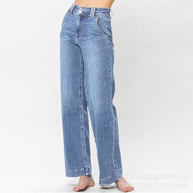 欧美跨境外贸新款亚马逊2025春季新款蓝色水洗直筒气质牛仔裤女装详情23