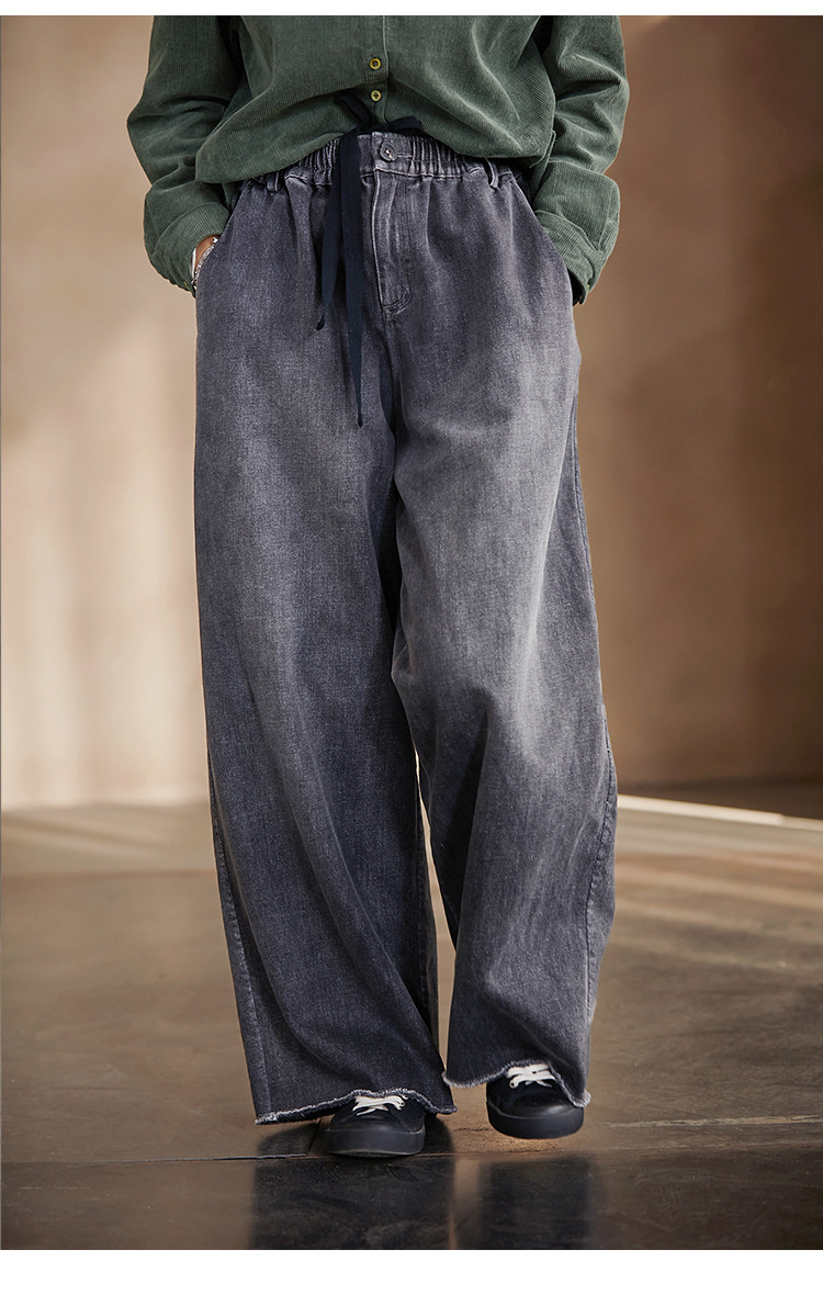 High-end, niche, artistic and retro, all-season wearable smoke grey retro tight-waisted wide-leg stray jeans for women pic 4