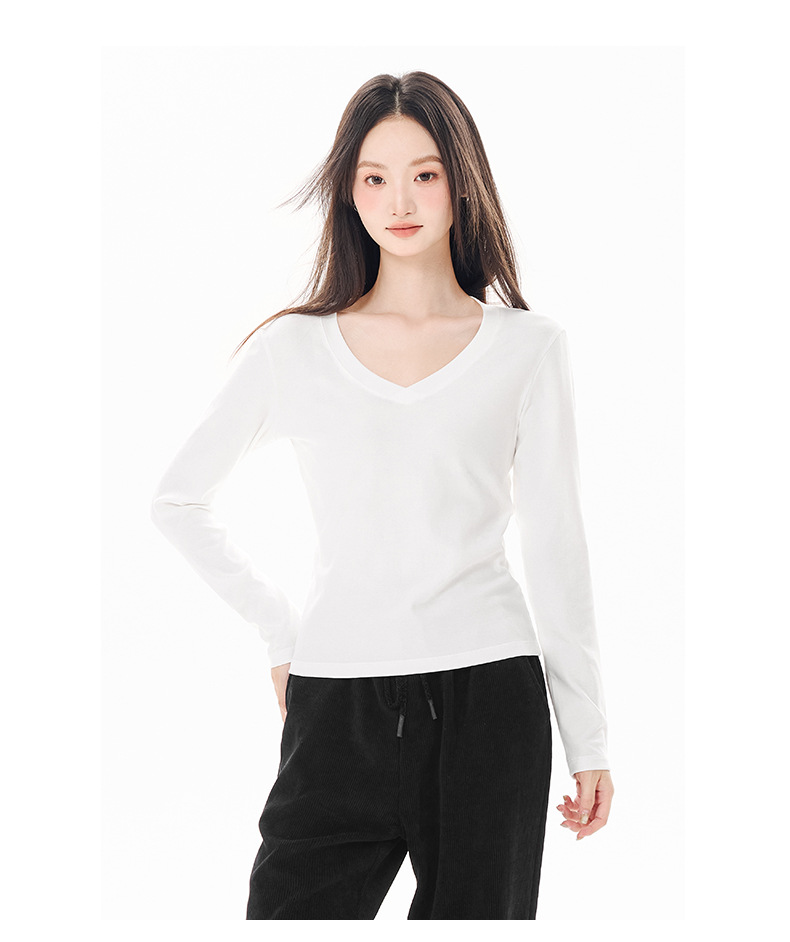 纯色百搭简约通勤V领长袖T恤女正肩修身辣妹显身材内搭打底上衣服详情15