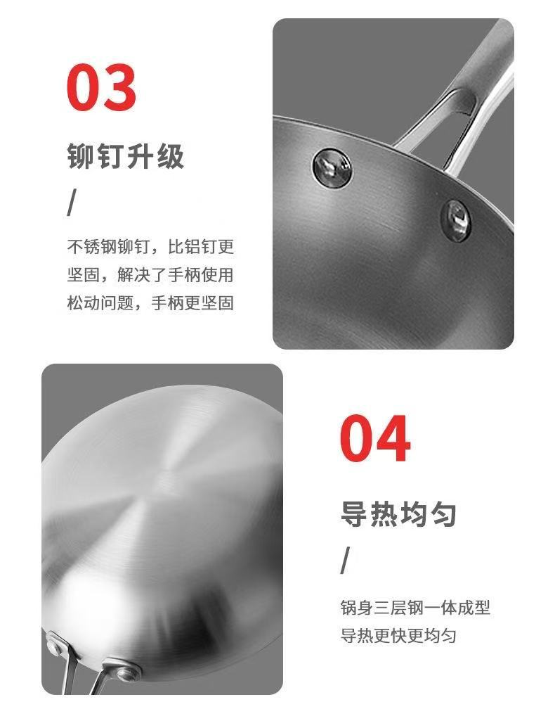 跨境304不锈钢三层钢无涂层平底锅 煎锅煎牛排不粘通用圆煎锅厂家详情11