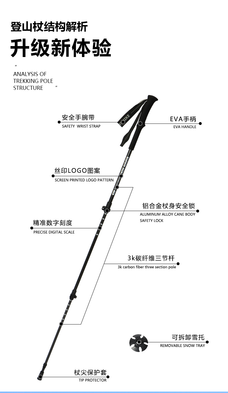 3K碳纤维登山杖爬山手杖碳素三节超轻伸缩杖户外徒步装备详情4
