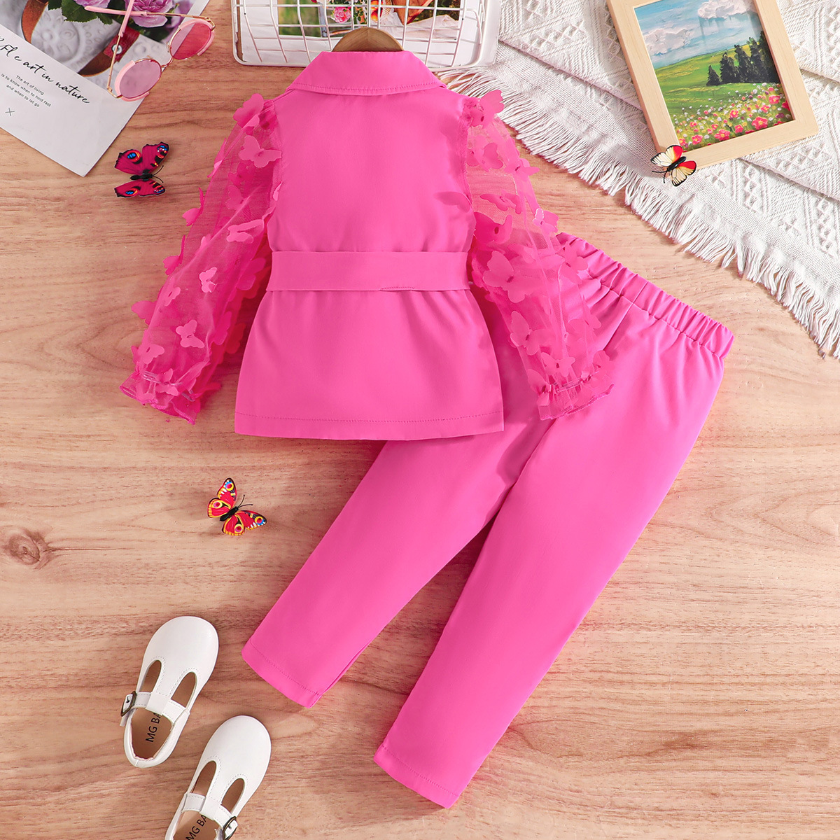 跨境专供—女童春秋装 时尚甜美风儿童套装 精致蕾丝袖西装两件套详情20