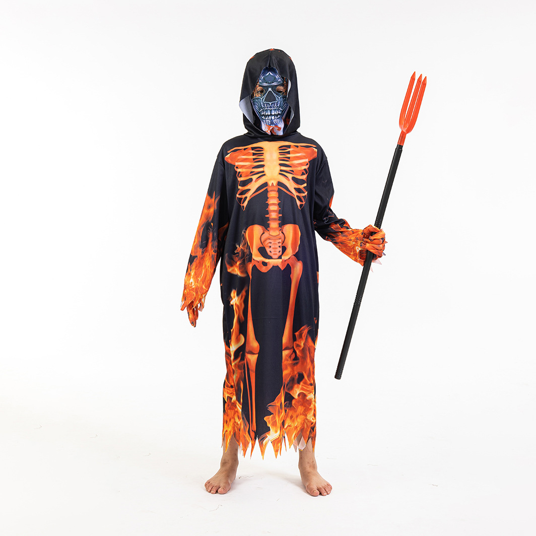 万圣节儿童火焰骨架服派对恐怖长袍万圣节表演服详情3