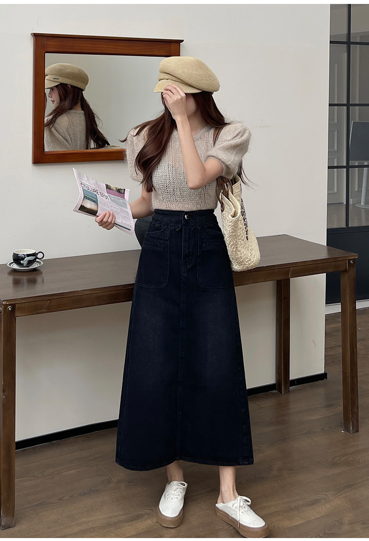 Original long denim skirt for Spring/Summer 2024, new design sense, lace patchwork high-waisted A-line skirt pic 10