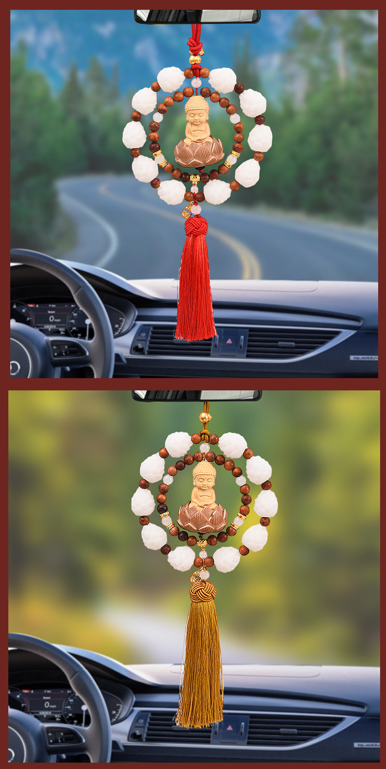 The new Lotus car pendant features a woven double-loop creative little Buddha for peace, a car rearview mirror pendant made of boxwood with a national trend pic 4