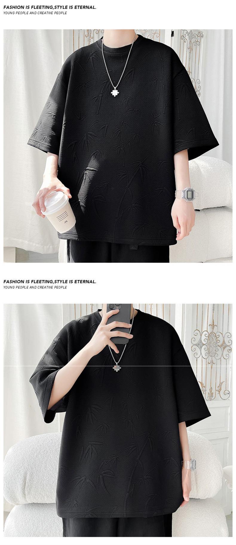 New Chinese-style short-sleeved T-shirt for men, 2024 summer, Bamboo trendy brand base, loose five-and-a-half-sleeved for students pic 5