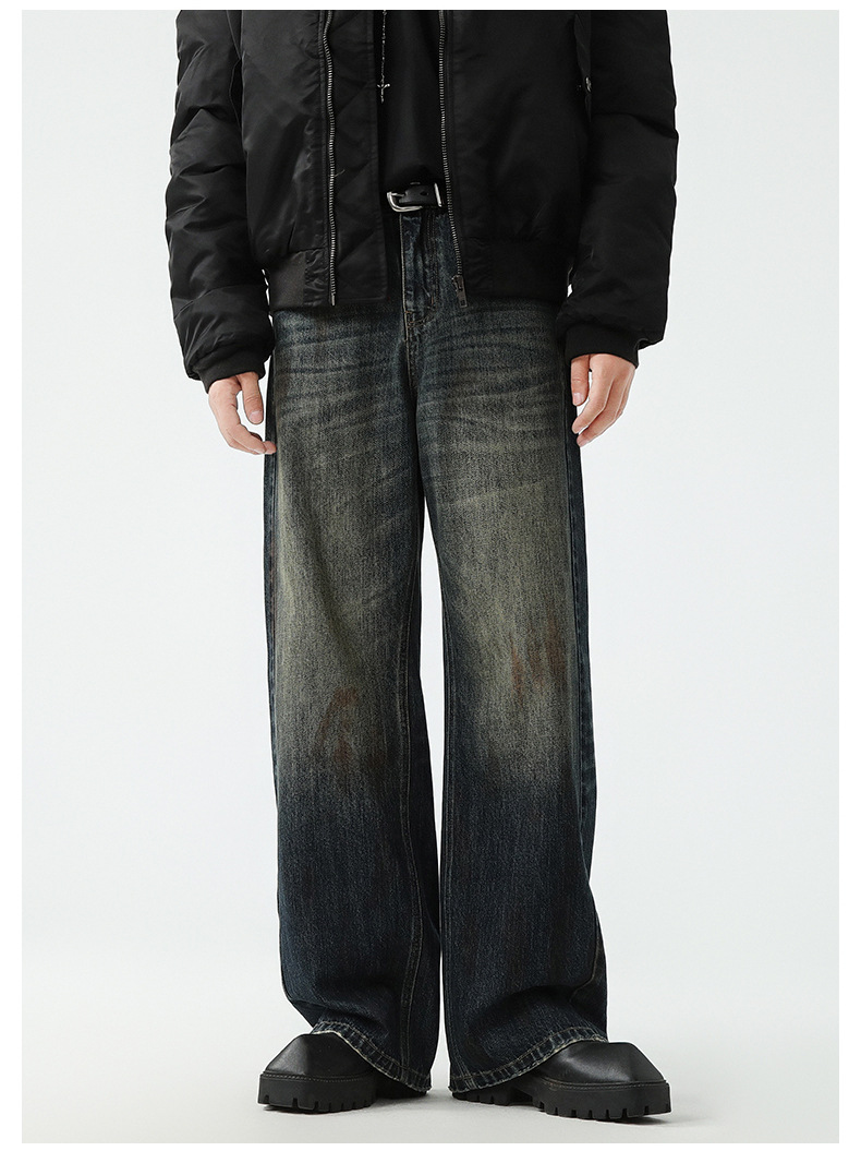 American retro spring distressed embroidered loose wide-leg jeans for both men and women, cleanfit drape long pants pic 5