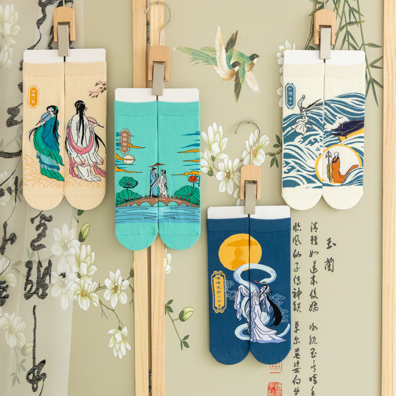 国潮袜子女原创设计古风水墨画AB鸳鸯女棉袜敦煌飞天白蛇传潮流中筒袜详情13