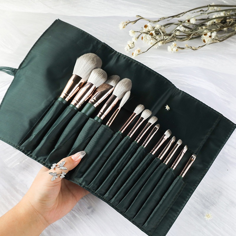 14pcs green cloud make-up brush set cangzhou suave lana polvo suelto sombra de ojos cepillo conjunto completo con PU rolls de almacenamiento de belleza portátil trabajador pic 9