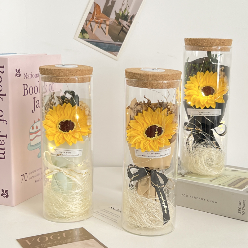 教师节花束玻璃瓶太阳花摆件香皂花七夕节礼物向日葵花送老师跨境详情3