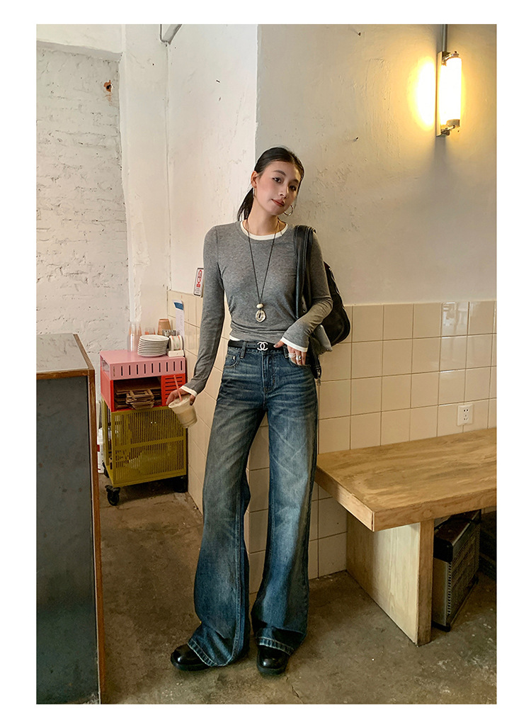 【今茵】新款美式复古水洗做旧中低腰无弹微宽松喇叭拖地牛仔裤女详情14