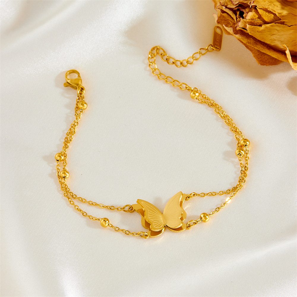 跨境热销不锈钢蝴蝶双层夹珠项链手链套装 时尚钛钢不掉色蝴蝶首饰套装详情5