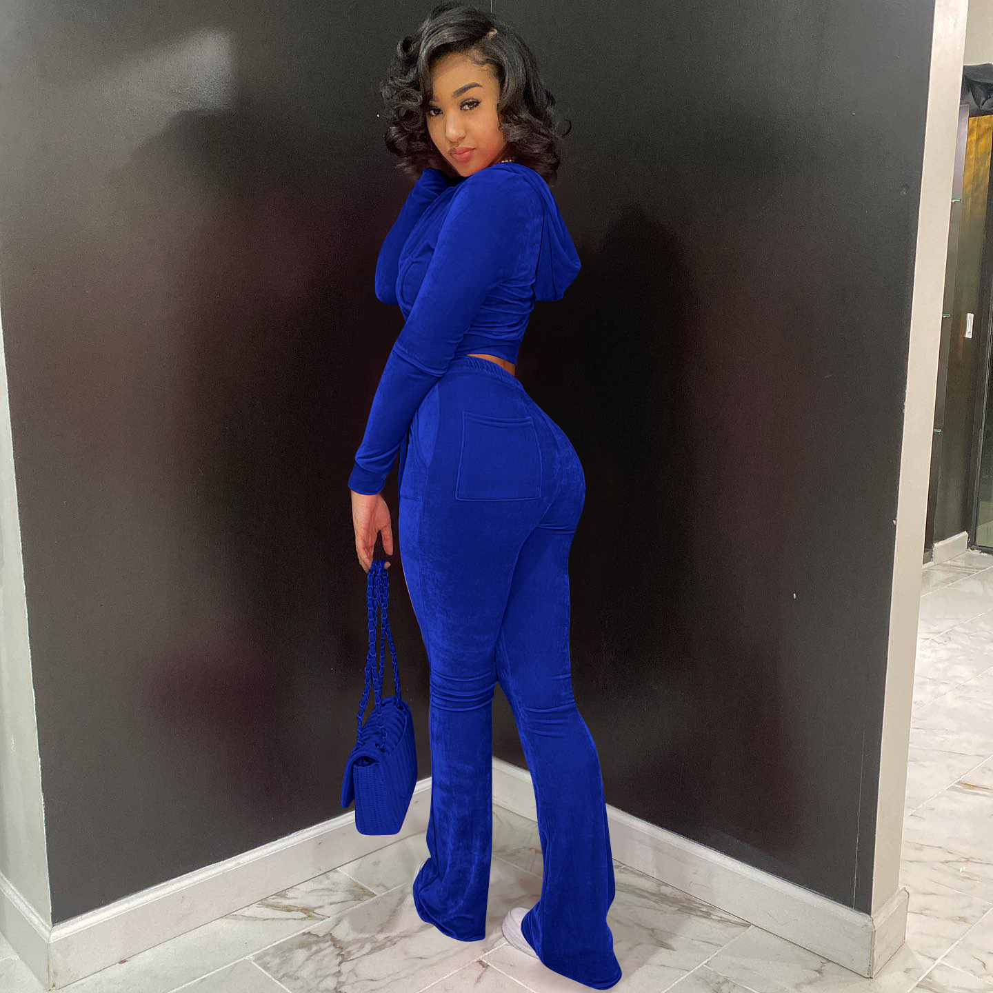 Solid color gold velvet wide-leg pants two-piece set pic 10