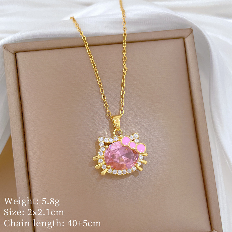 【钛钢】粉色猫咪蝴蝶结轻奢气质华丽满钻项链女百搭锁骨钛钢链详情2