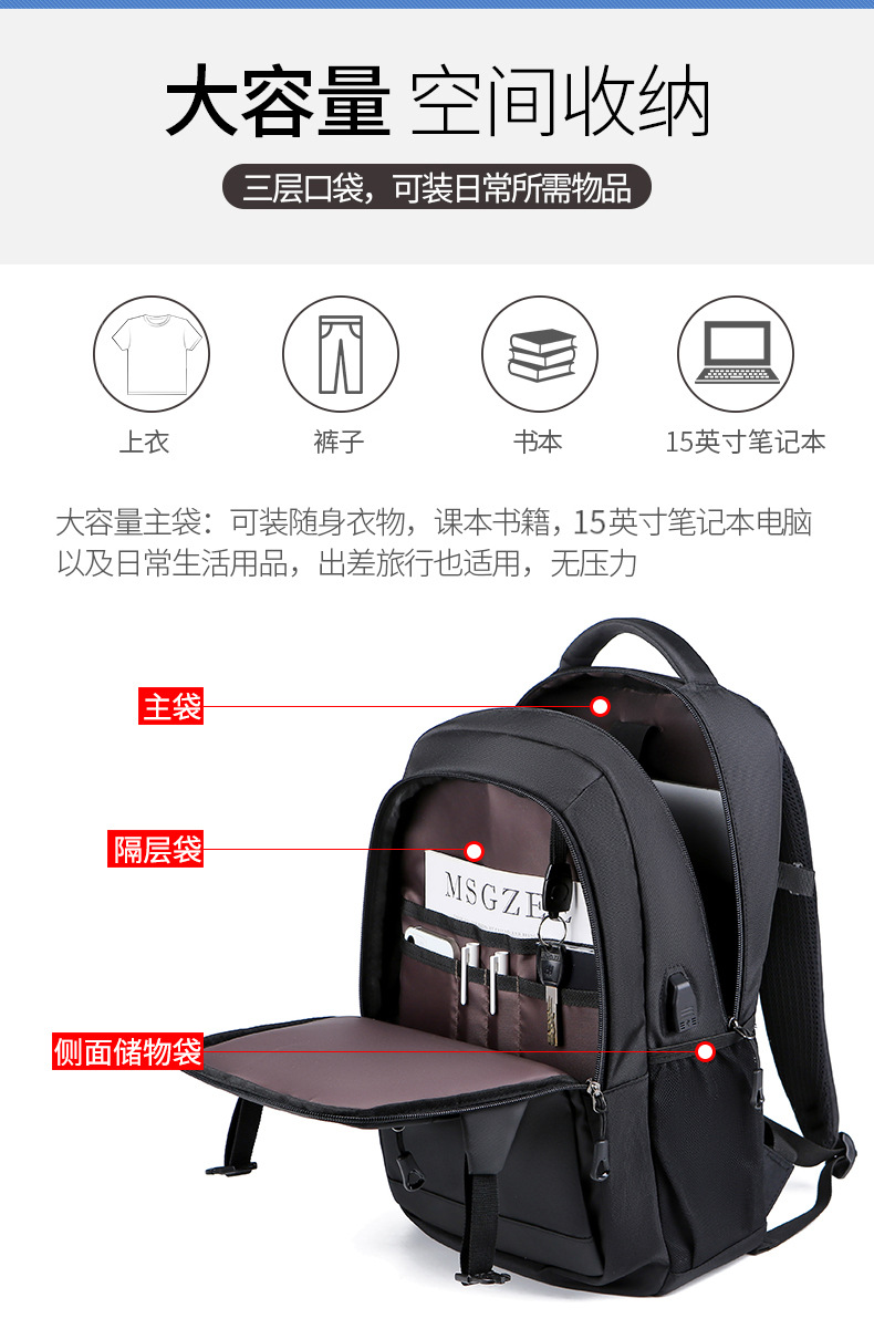 双肩背包男士黑色跨境双肩背包笔记本电脑包定 制LOGO双肩包厂家详情9