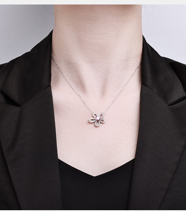 个性粉丝花朵莫桑石项链S925银复古轻奢锁骨链高级感百搭详情3