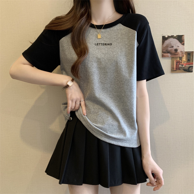 短袖T恤女夏季印花字母打底衫大码显瘦休闲正肩撞色抽绳上衣外穿详情23