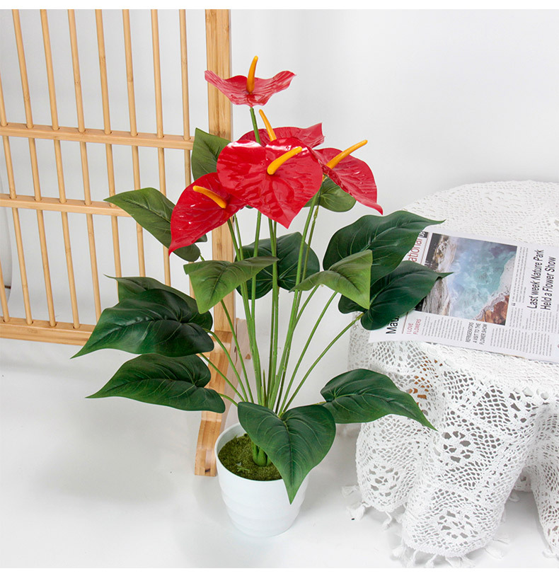 Finished handcrafted red artificial flower anthurium decoration, wedding spring plants, kalanchoe potted artificial green plants, office culture pic 5